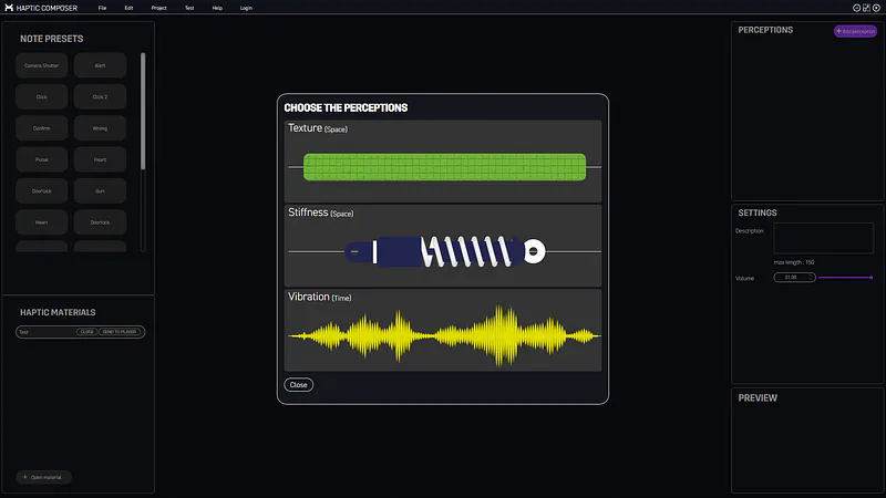 Perceptions panel of the Haptic Composer 2.0