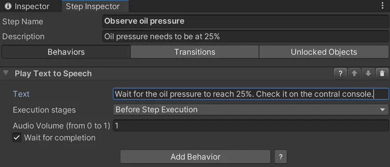 Screenshot of a VR Builder Play Text to Speech behavior with the instruction text for an oil pressure step