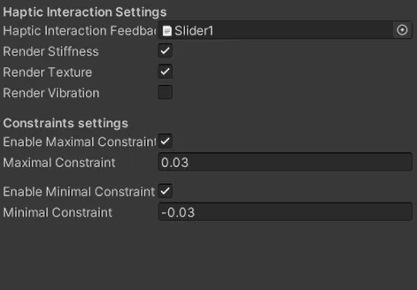 Screenshot of Interhaptics haptic interaction settings rendering stiffness and texture with slider constraints