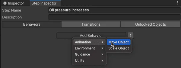 Screenshot of VR Builder Step Inspector adding a Move Object animation behavior to a training step