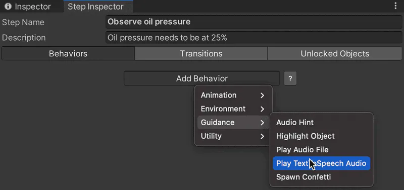 Screenshot of VR Builder Add Behavior menu selecting Play Text to Speech Audio under Guidance