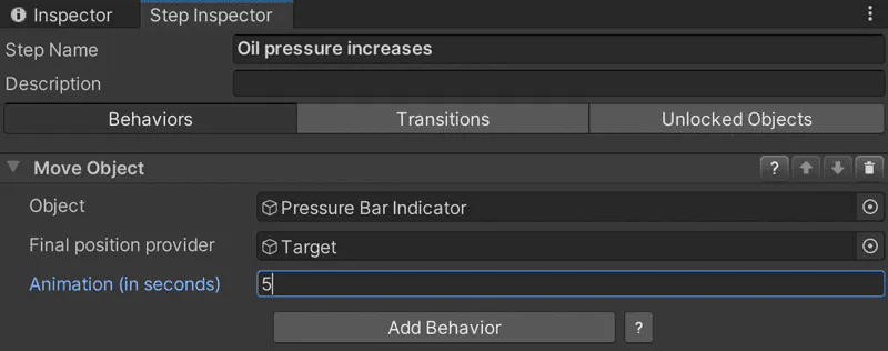 Screenshot of a VR Builder Move Object behavior moving a pressure bar indicator to a target over 5 seconds