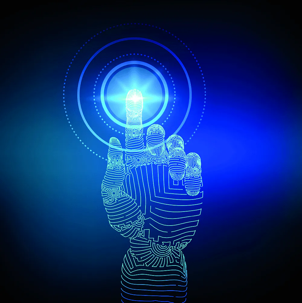 Illustration of a glowing digital hand touching a light point, evoking haptic touch input