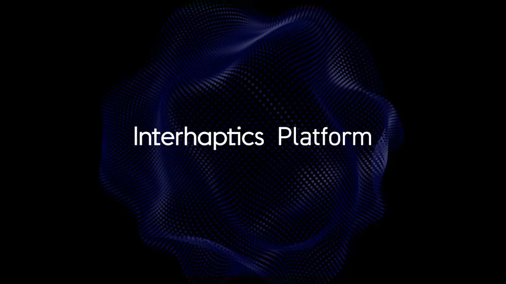 Interhaptics Platform title card over a blue particle wave, introducing the B2B platform