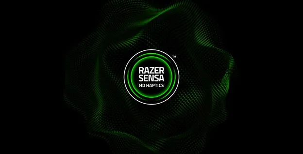 Razer Sensa HD Haptics logo over a green particle wave