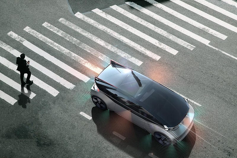 Aerial view of a concept car sensing a pedestrian at a crosswalk, with signal waves around the vehicle