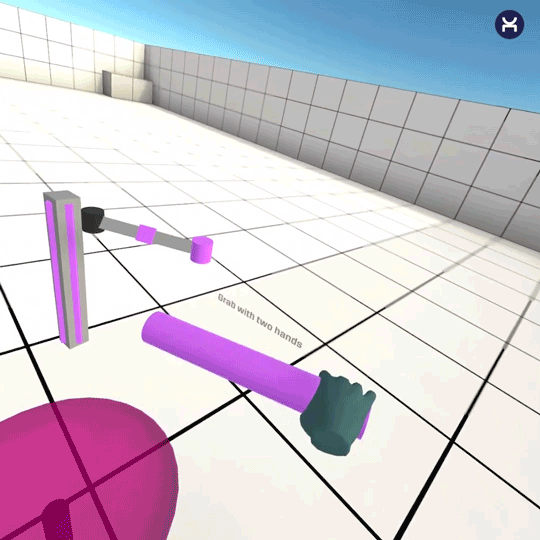 Animation of the Interaction Builder two-hand grab on a bar in a VR test scene