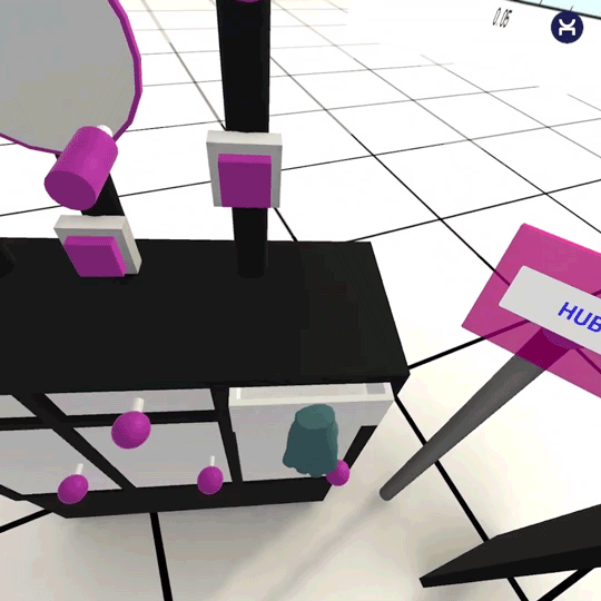 Animation of a virtual hand using individual fingers on knobs and buttons in a VR test scene