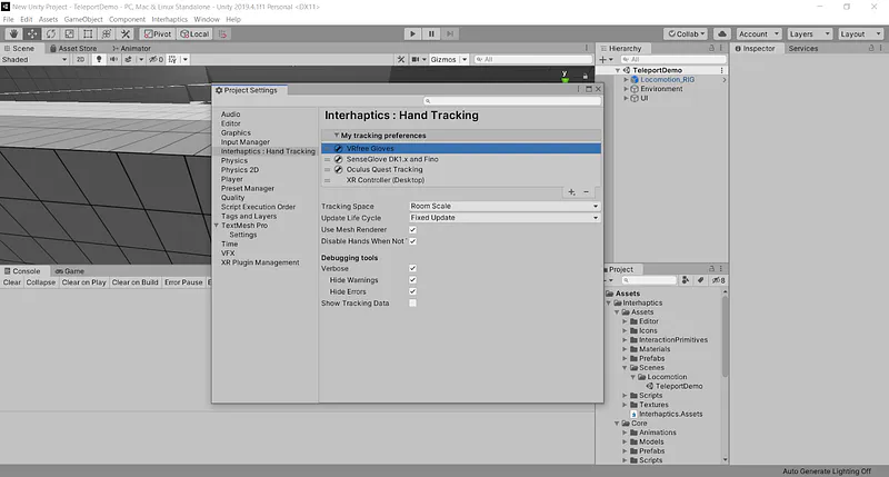 Screenshot of Unity Project Settings, Interhaptics Hand Tracking panel with VRfree Gloves selected