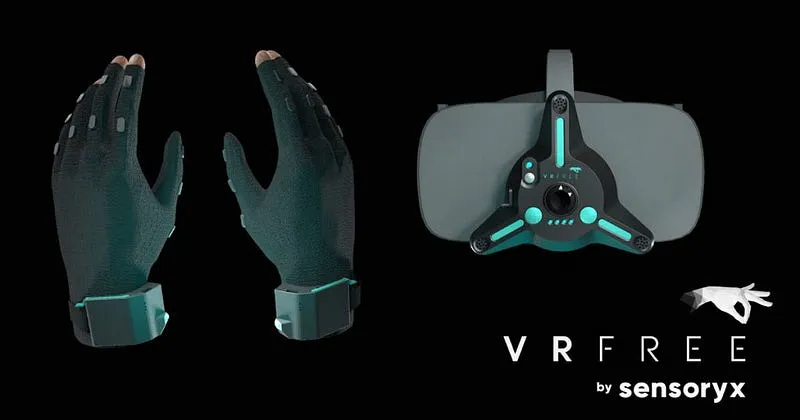 Sensoryx VRFree hand-tracking gloves next to the VRFree headset-mounted tracking module