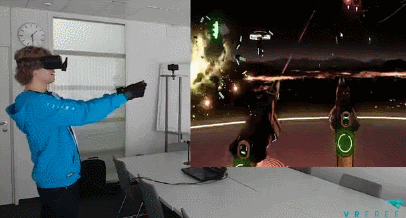 Animation of a user in VRFree gloves reaching out while the VR view shows tracked hands in a space game