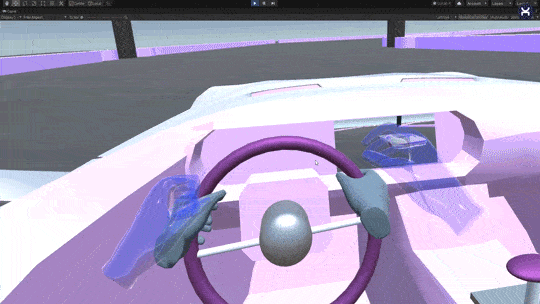 Animation of virtual hands gripping a car steering wheel with haptic feedback in a VR scene