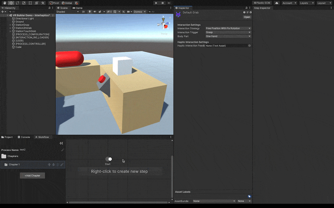 Animation of the VR Builder Unity editor setting haptic interaction options on a grabbable object