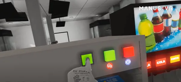 VR training scene where a Manus VR glove presses a green button on a drink dispenser