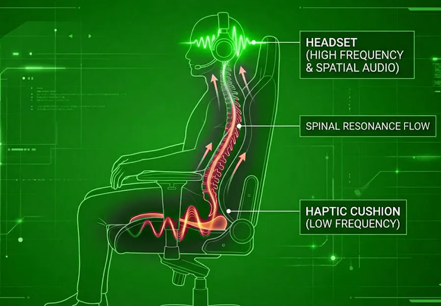 Illustration of a seated gamer with haptic cushion vibrations rising along the spine to a spatial audio headset