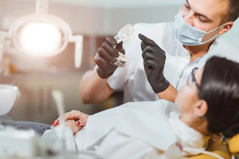 Dentist showing a dental model to a patient in the chair, illustrating assistive and care settings