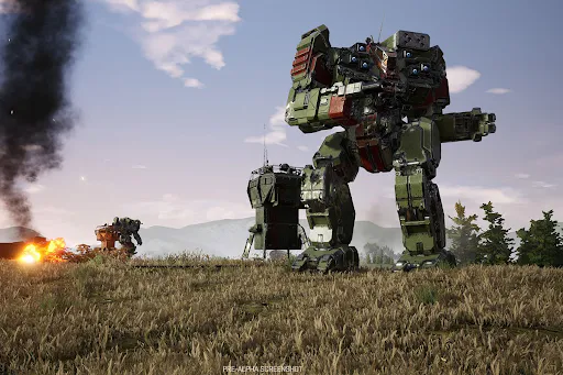 MechWarrior 5 gameplay with mechs on a grassy battlefield, the game modded for Project Esther haptics