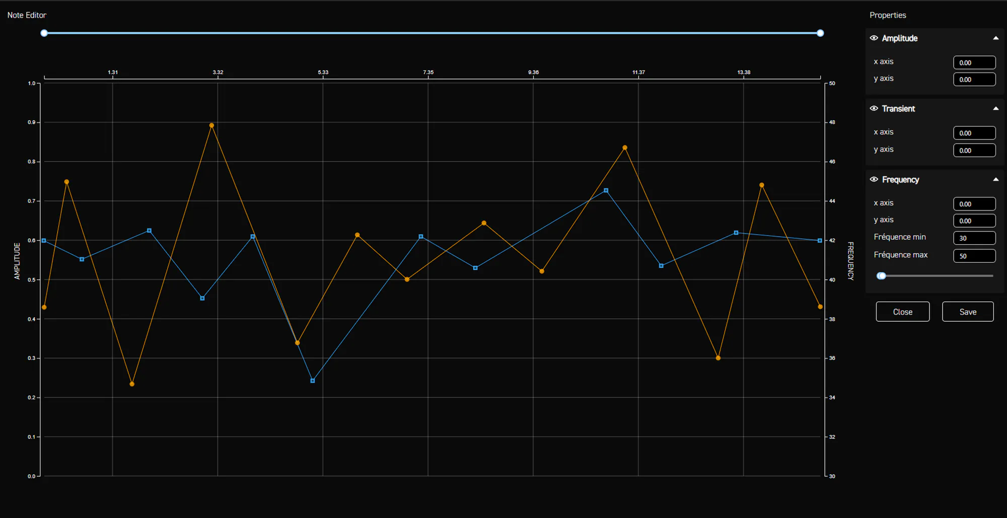 Note editor for Battlefield 6 tank movement: amplitude and frequency curves rising and falling sharply