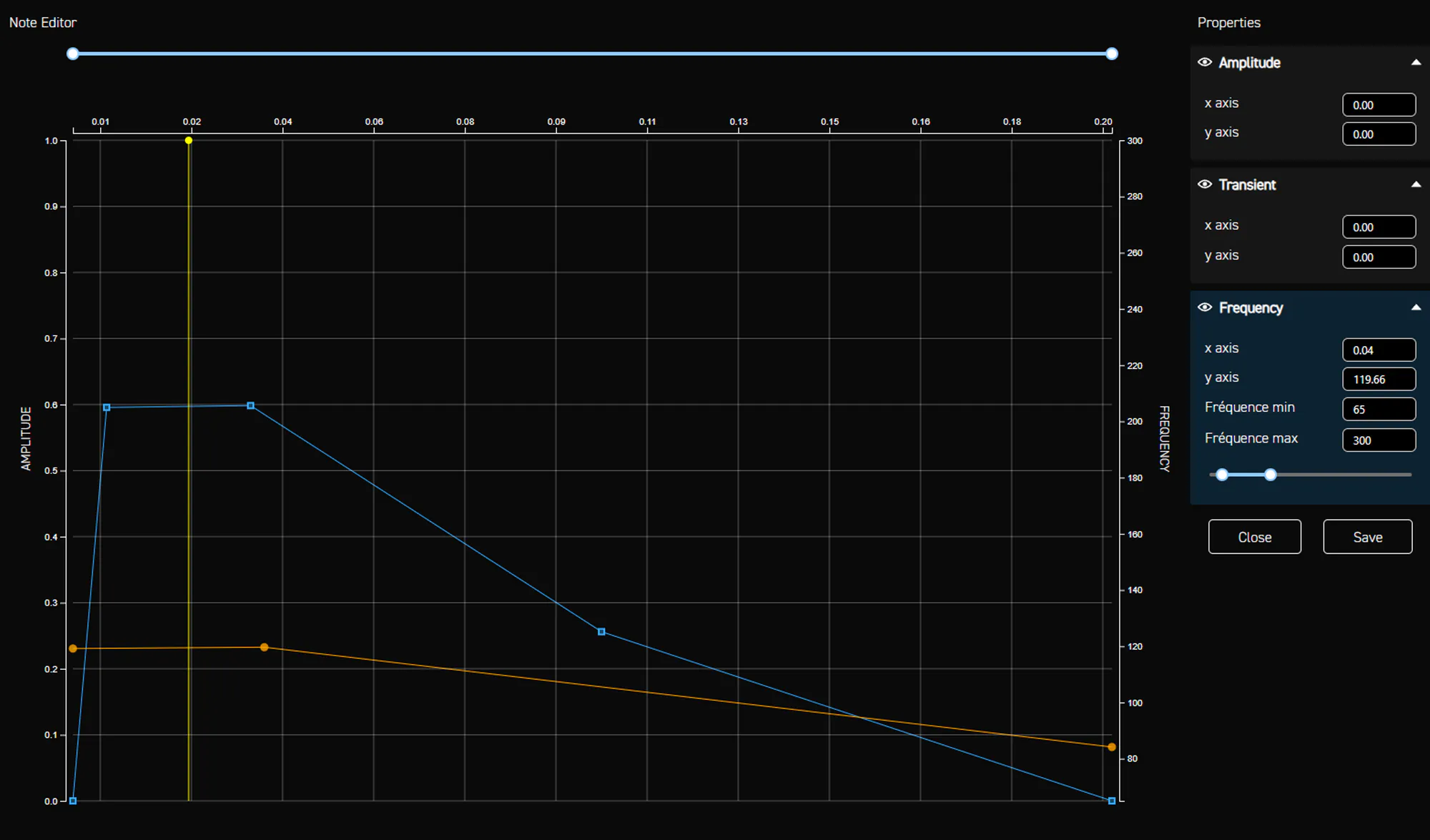 Note editor for the assault rifle shot in a high 65 to 300 Hz range: quick attack, decay and one transient