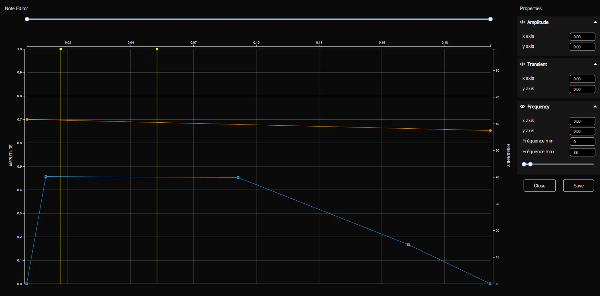 Note editor for the LMG recoil: longer moderate-amplitude impact, two transients and a low, slowly falling frequency