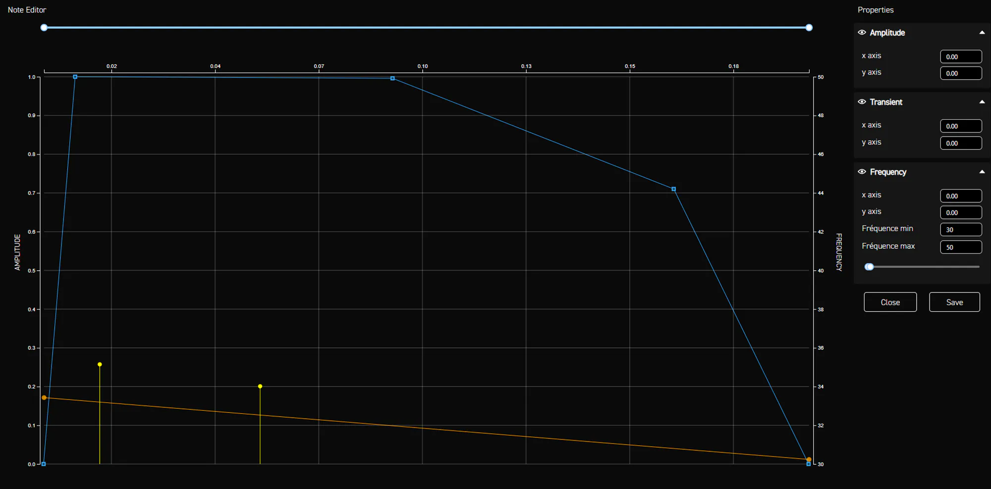 Note editor for the second LMG recoil version in a 30 to 50 Hz range, with a long full-amplitude impact