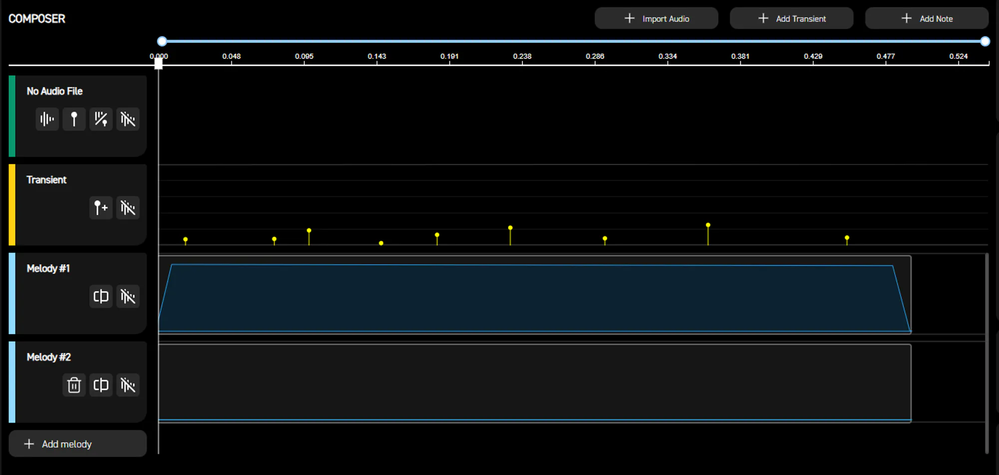 Haptic Composer timeline for the frag grenade: many transients over two simultaneous melody tracks