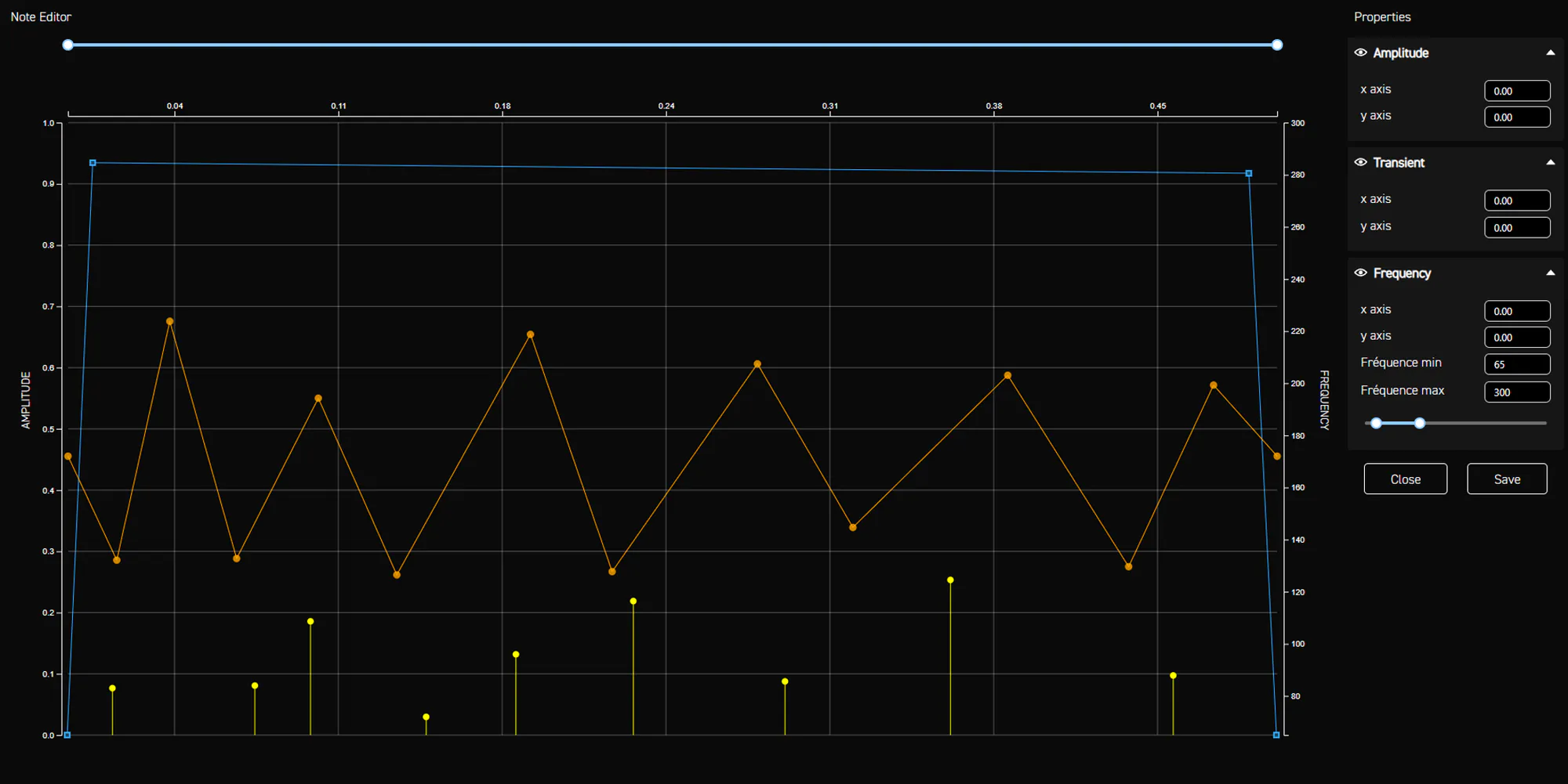 Note editor for the frag grenade's first note: near-maximum amplitude with frequency zigzagging in a 65 to 300 Hz range
