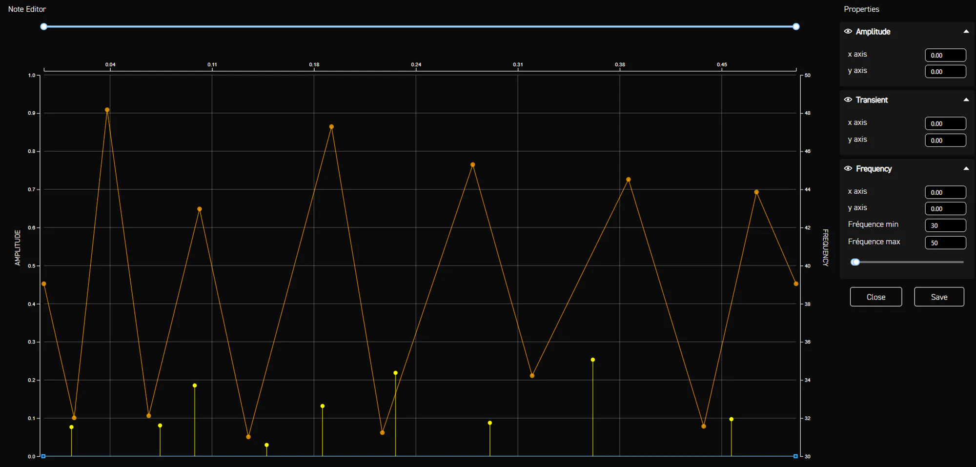 Note editor for the frag grenade's second note, with frequency zigzagging in a much lower 30 to 50 Hz range