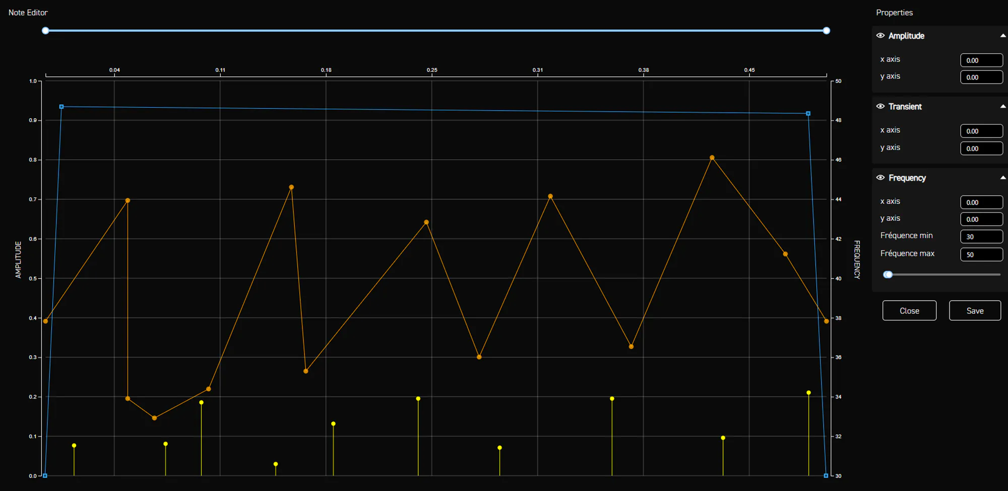 Note editor for the headset version of the frag grenade's first note, with frequency jumps in a 30 to 50 Hz range