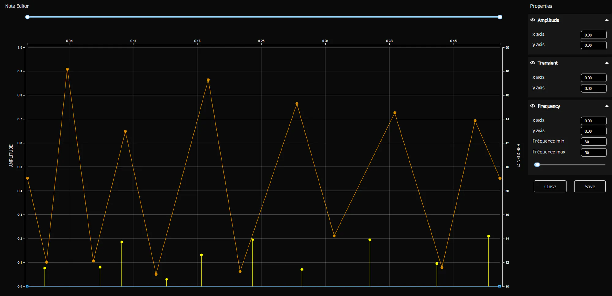 Note editor for the headset version of the frag grenade's second note, frequency zigzagging in a 30 to 50 Hz range