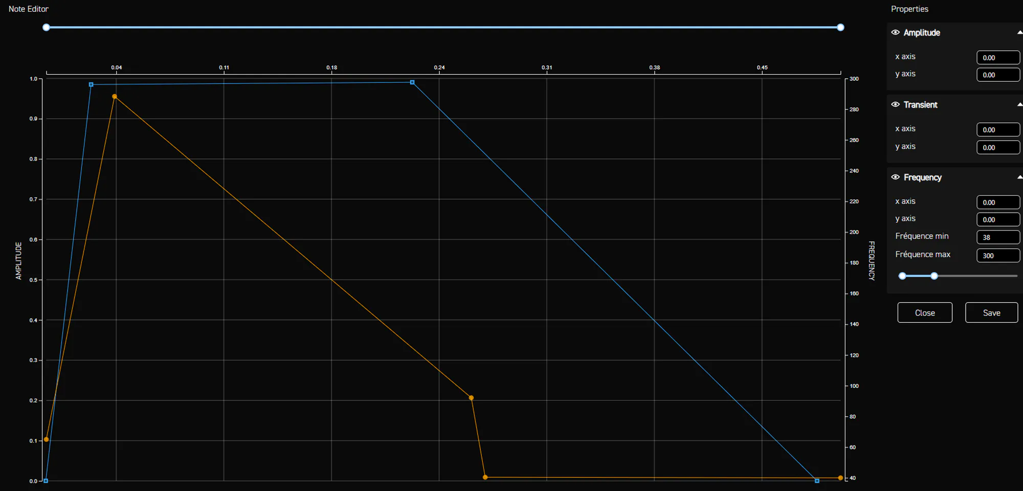 Note editor for the flash grenade: held maximum amplitude while frequency spikes high, then drops to a low floor