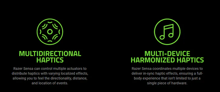 Razer Sensa feature icons for multidirectional haptics and multi-device harmonized haptics