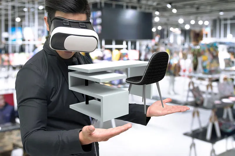 Man in a VR headset presenting a virtual desk and chair in a store, illustrating VR product showcases