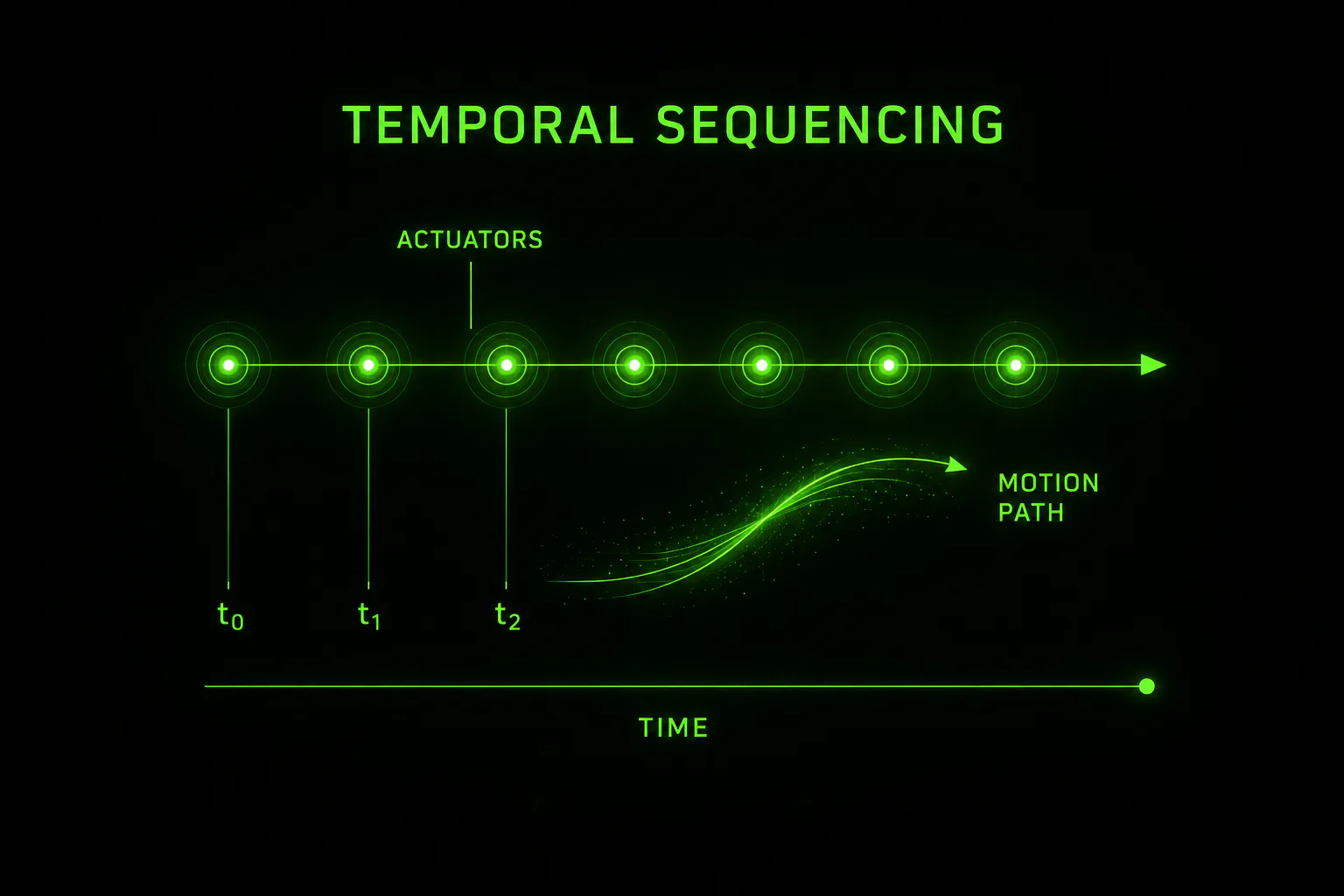 Diagram of temporal sequencing: actuators fired in succession over time to create a moving haptic sensation