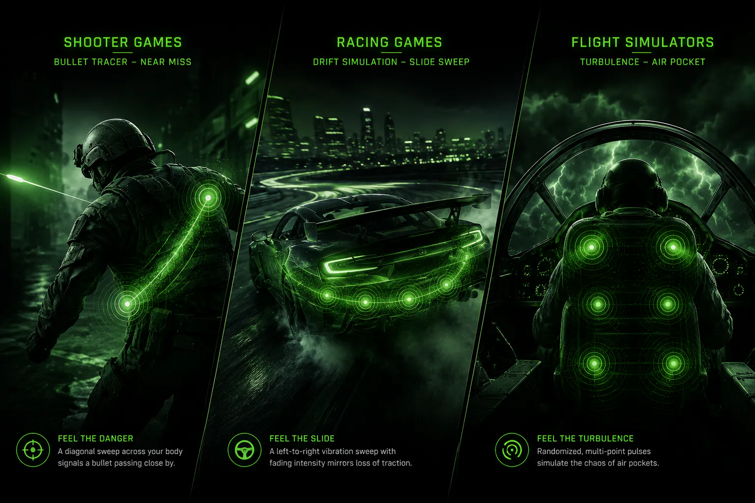 Spatialized haptic examples: a bullet near-miss sweep, a racing drift sweep and flight turbulence pulses on the body