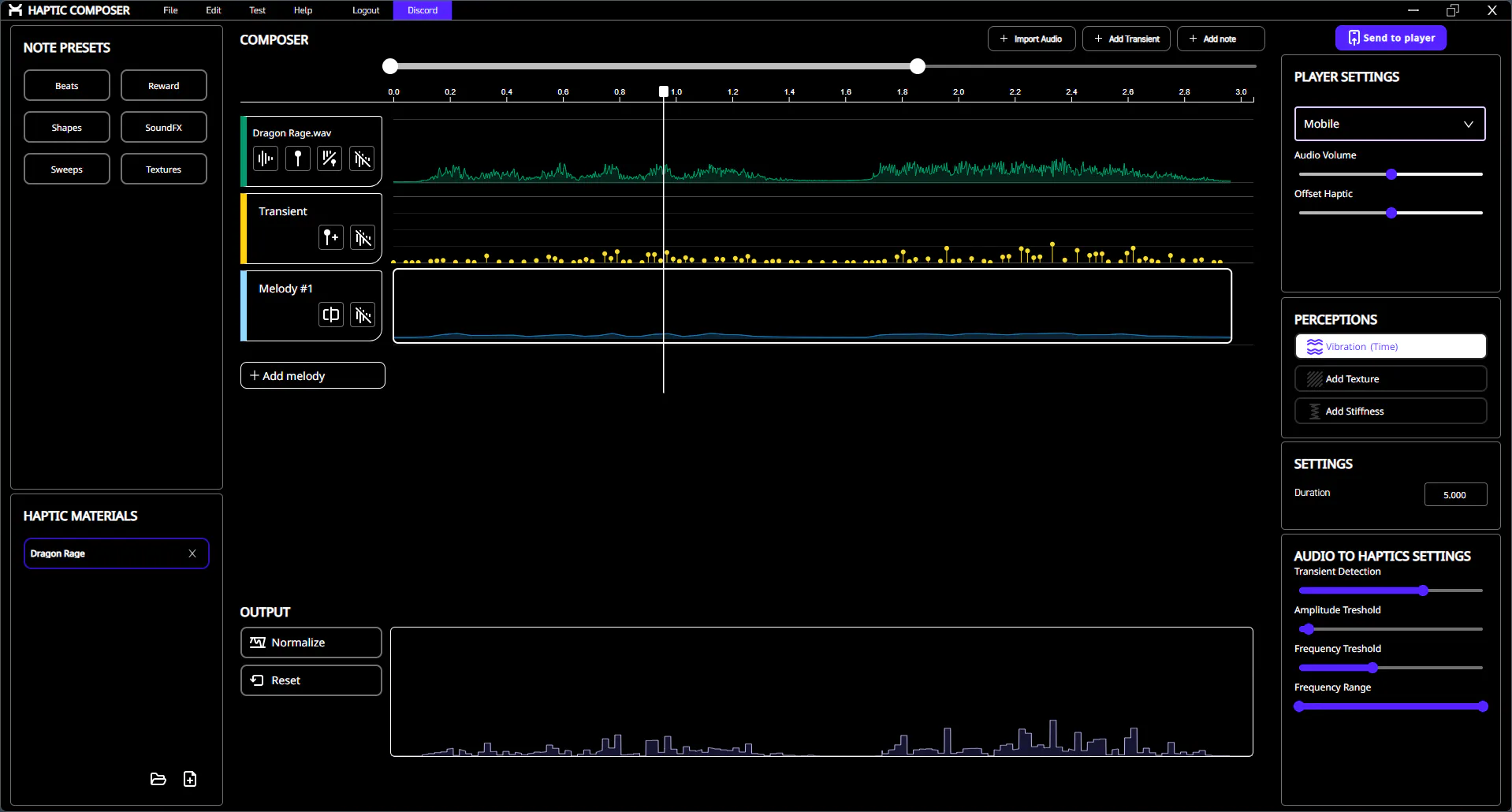 Haptic Composer 2.8 main view with audio, transient and melody tracks and the new Note Presets panel