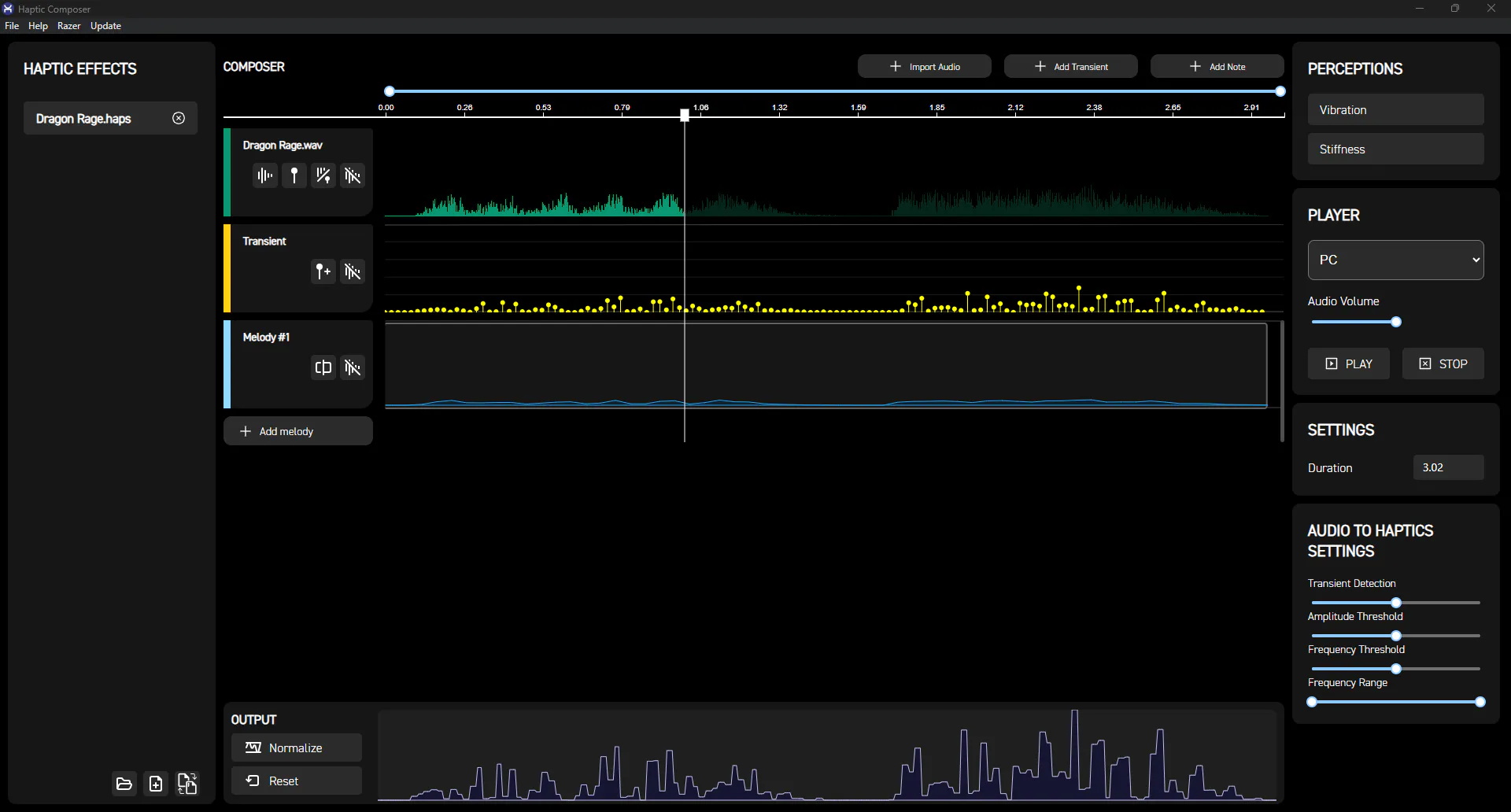 Previous Haptic Composer main view showing the same Dragon Rage audio, transient and melody tracks