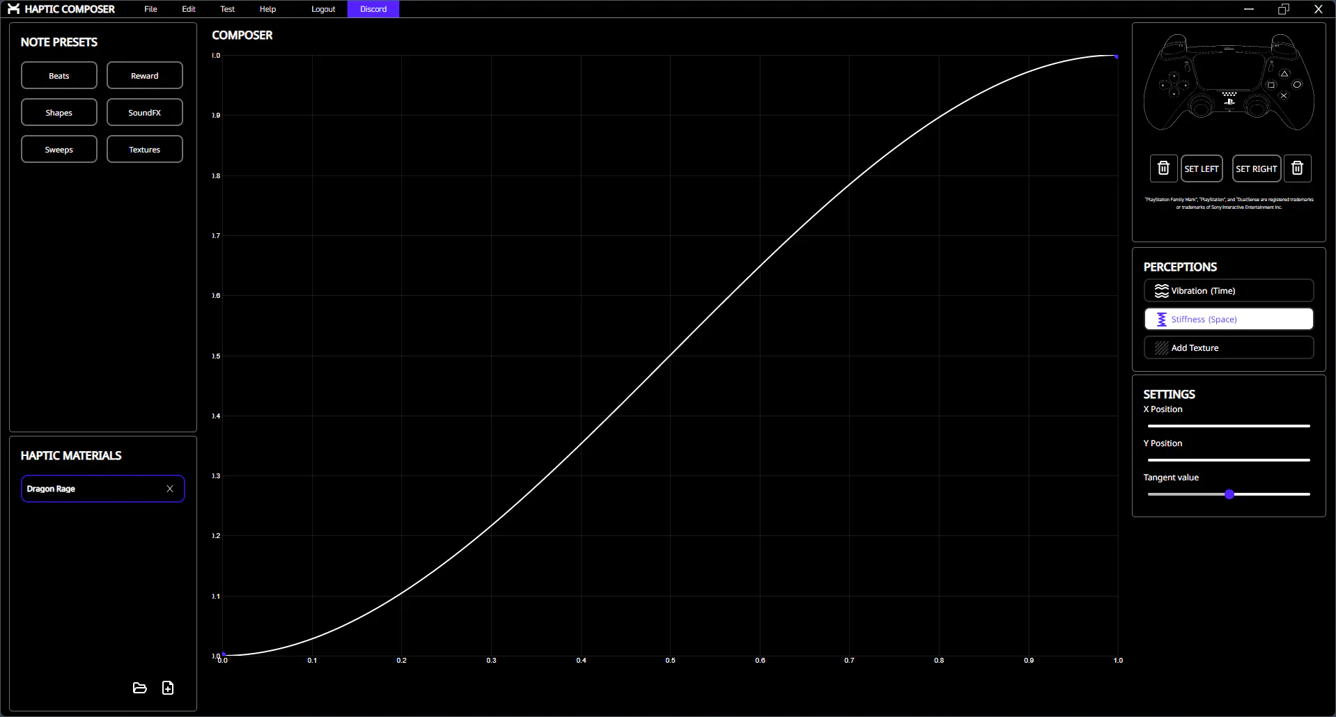 Haptic Composer 2.8 stiffness curve editor with a gamepad panel to set the left and right triggers