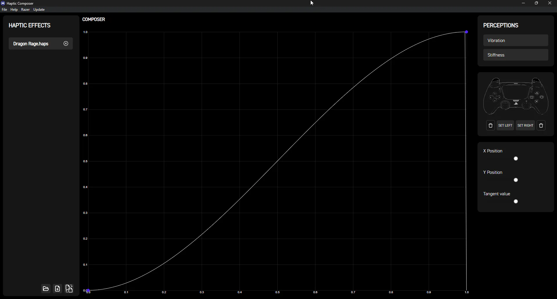 Previous Haptic Composer stiffness view with the same curve and gamepad trigger panel