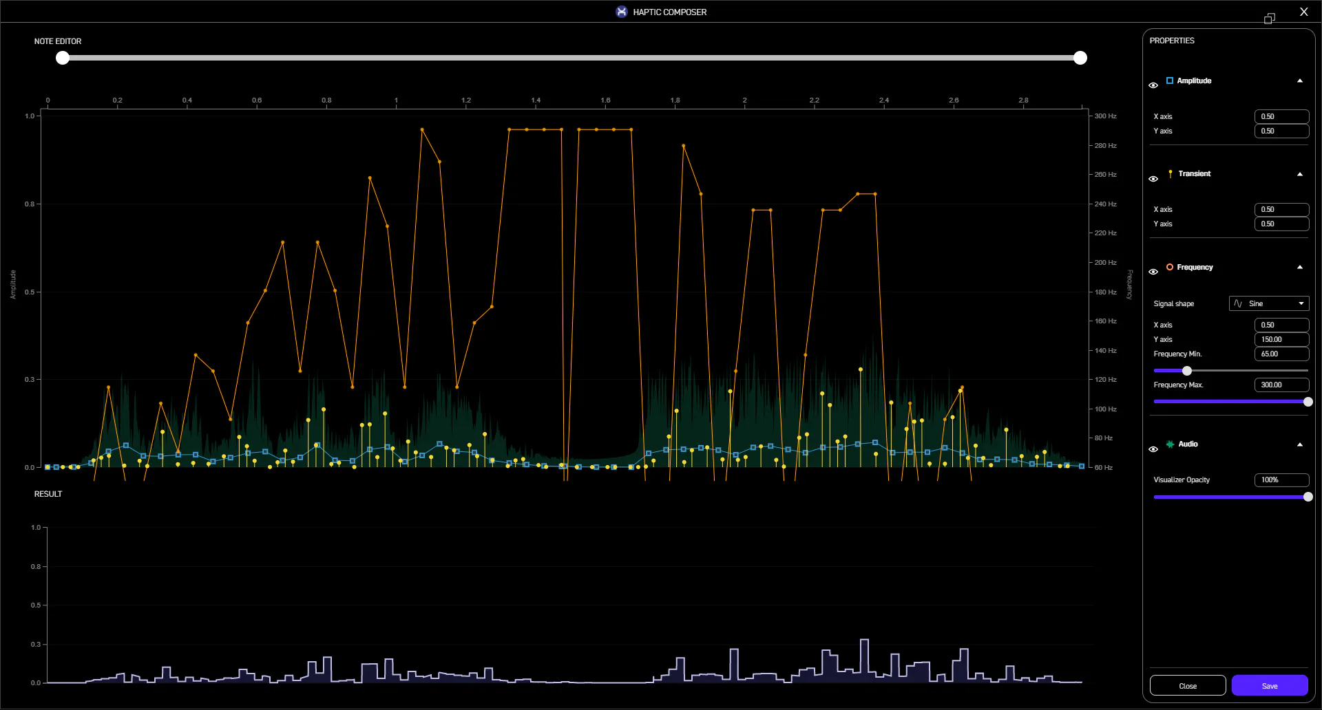 Haptic Composer 2.8 Note Editor with amplitude, transient and frequency points over an audio waveform