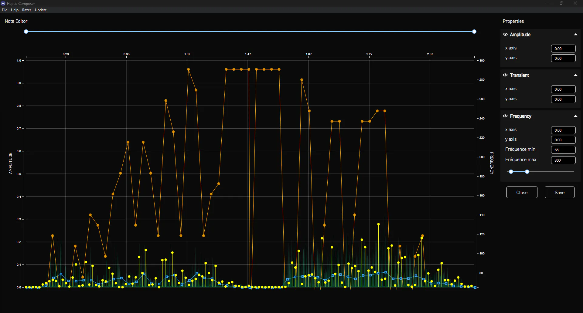 Previous Haptic Composer Note Editor showing the same amplitude, transient and frequency curves
