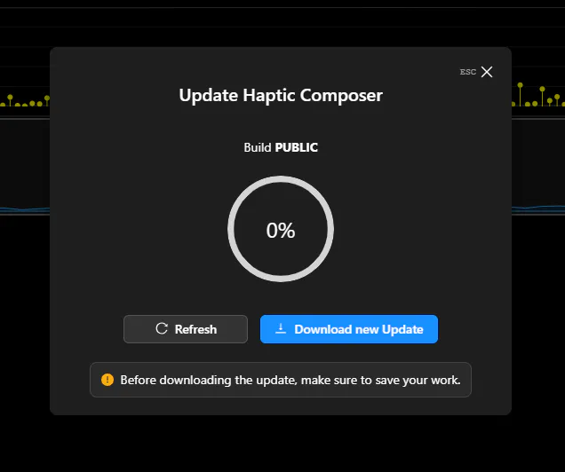 Update Haptic Composer dialog with a progress ring and a Download new Update button