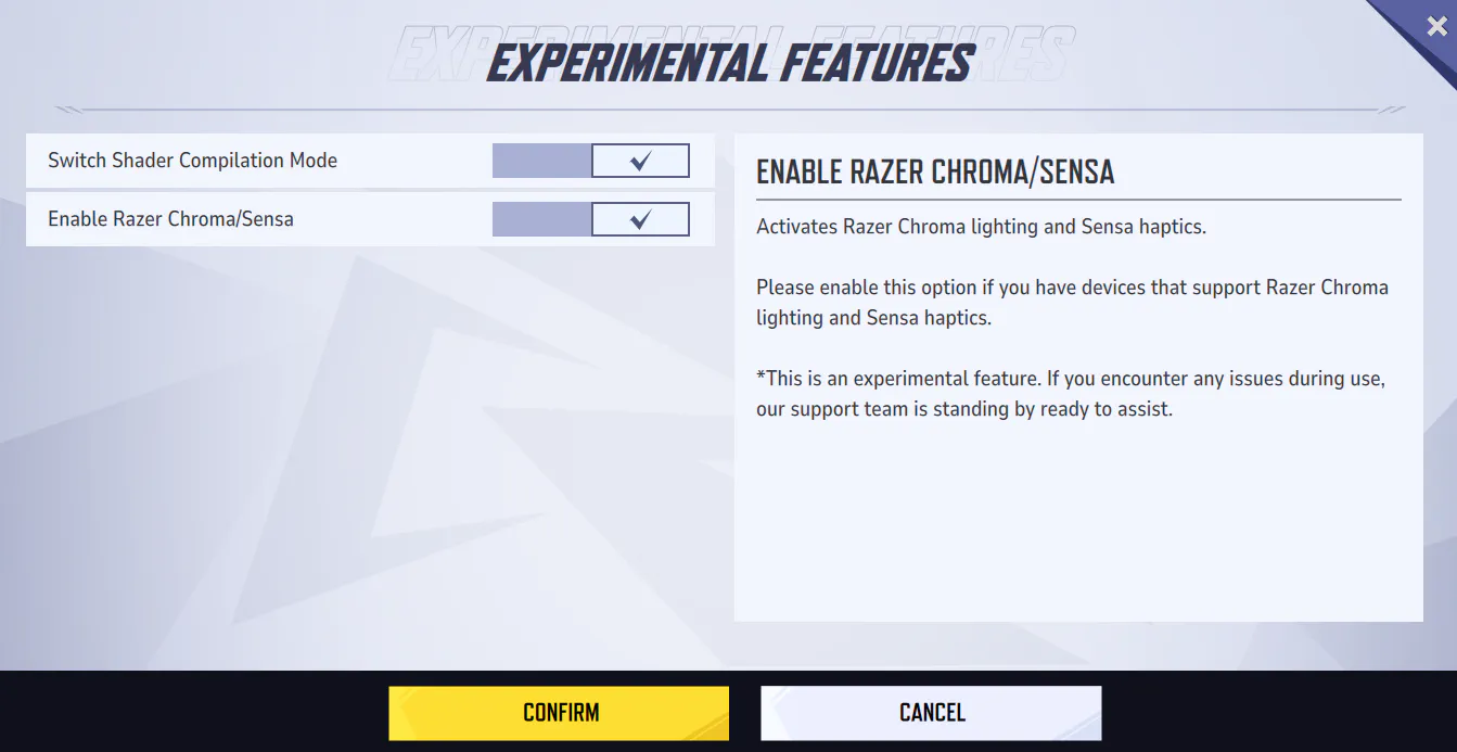 Marvel Rivals Experimental Features menu with Enable Razer Chroma/Sensa checked