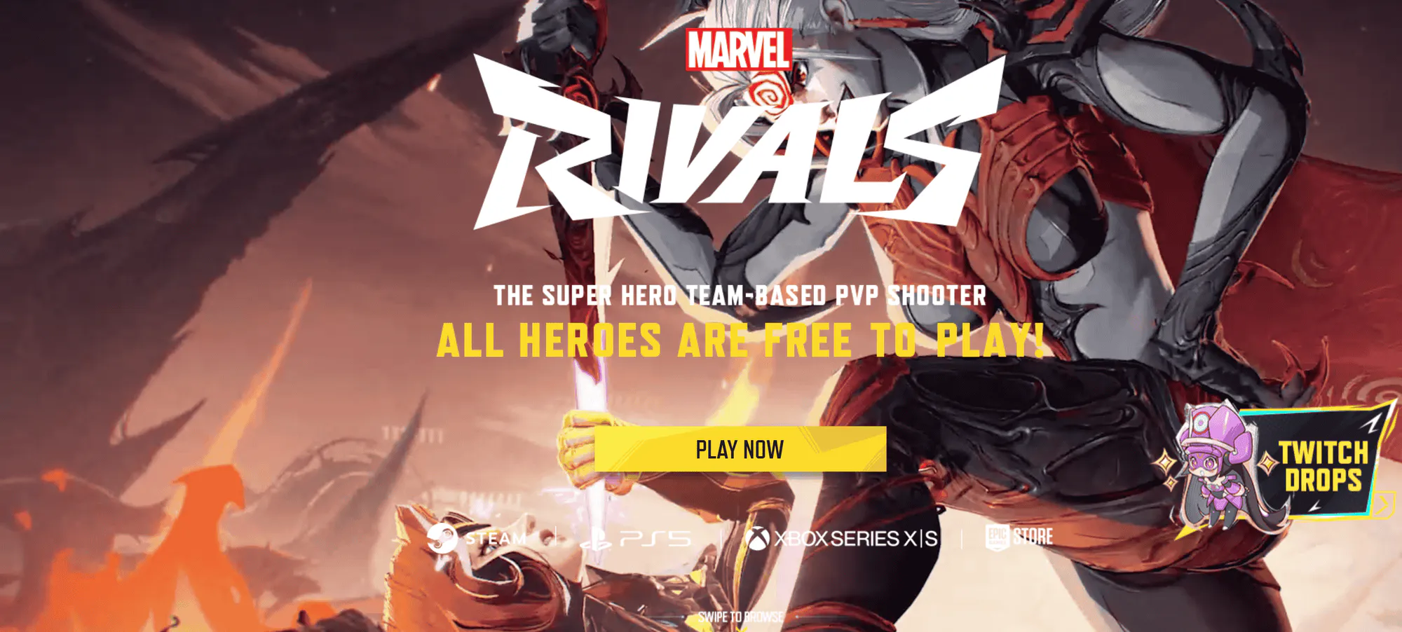 Marvel Rivals launcher home page with the Play Now button