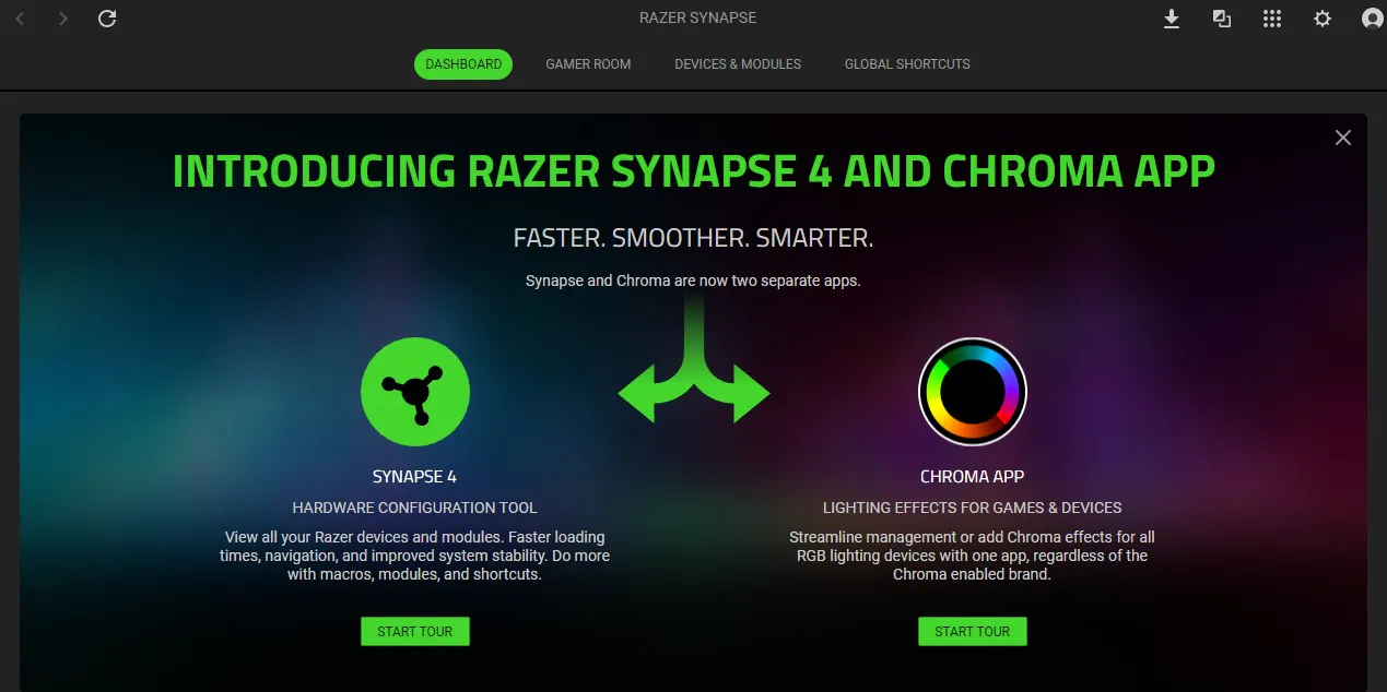 Razer Synapse screen introducing Synapse 4 and the separate Chroma App