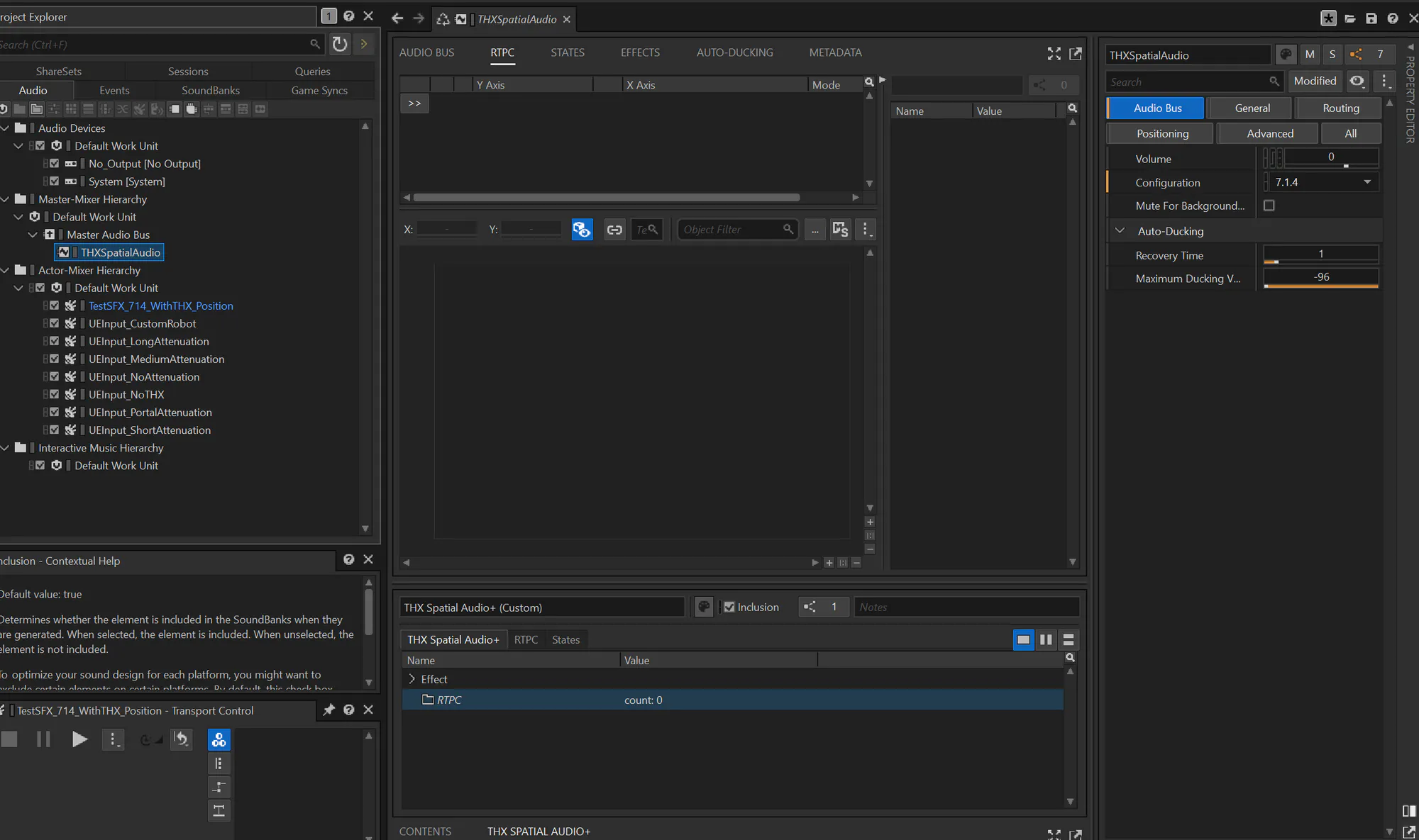 Wwise Authoring with the THXSpatialAudio bus under the Master Audio Bus set to a 7.1.4 configuration
