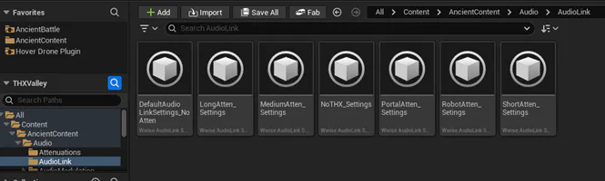 Unreal Engine content browser listing the Wwise AudioLink settings assets for each attenuation type