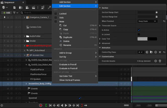 Unreal Sequencer with the AncientOne_Body_CtrlRig section set to When Finished: Keep State