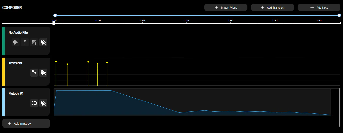 Haptic Composer timeline for the shotgun: several transients over a long, full-strength low-frequency note