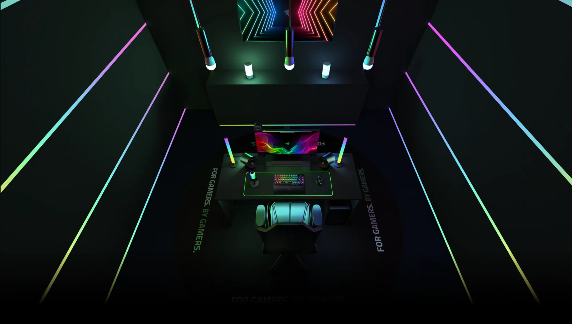 Render of a gaming room where Chroma RGB light strips extend from the desk setup across the walls
